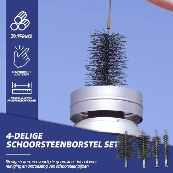 4-delig, met 30/50/80/150 mm borstels, incl. 1 m staaldraad en duwstang, schoorsteenbezem voor open haard, kachelpijp en rookkanaalreiniging — afbeelding 2