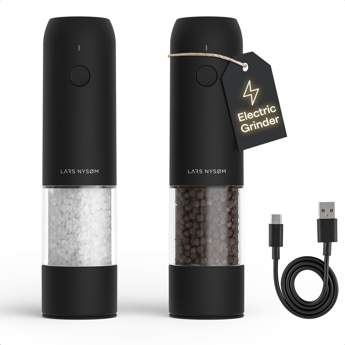 LARS NYSØM LARS NYSØM Elektrische Zout- en Pepermolen Set van 2, USB-C Oplaadbaar, Automatische Kruidenmolen, Instelbare Maalgraad, Keramisch Maalwerk, LED-licht, Navulbaar (Carbon Black)