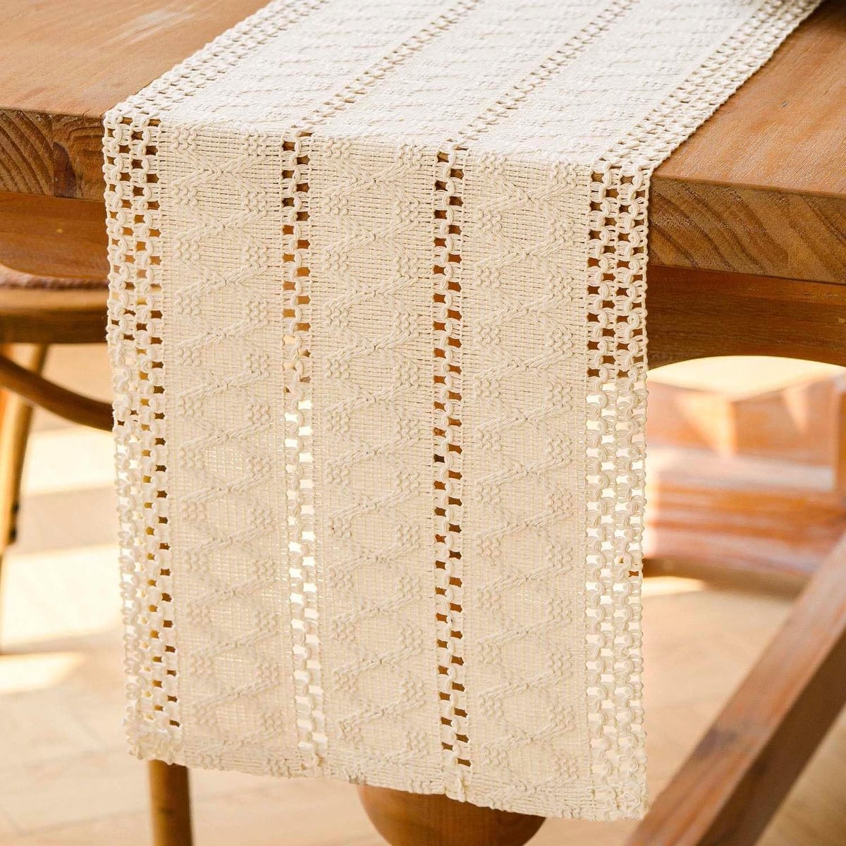 Tafelloper, macramé, beige, geweven katoen, linnen, klein, smal tafelkleed, Boheemse, rustieke boerderij, wasbare tafelloper voor bruiloft, keuken, eettafel, decoratie, 30 x 140 cm