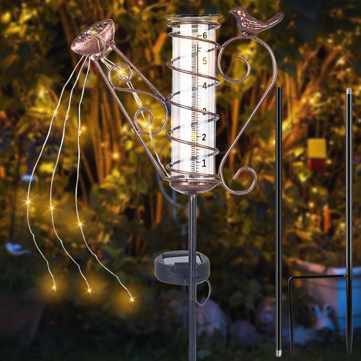Regenmeter voor de tuin, vorstbestendig, regenmeter voor buiten, neerslagmeter met grondpen, outdoor regenmeter, glas, regenwatermeter, regenmeter met grondpen, zonne-energie, gazon, terras