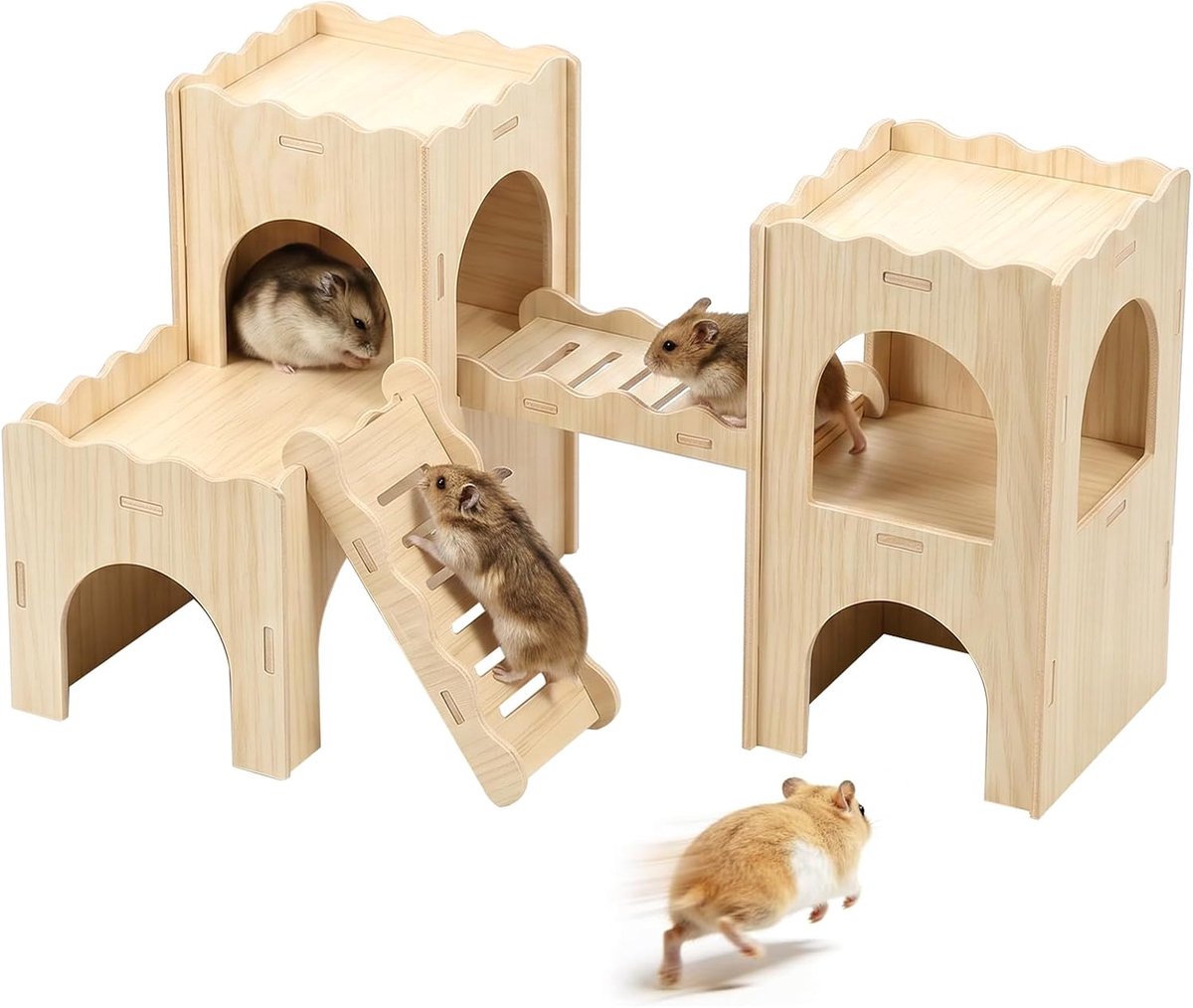 Hamsterhuis van hout met platform, schuilplaats met meerdere kamers en klimladder, habitat voor Syrische hamsters, dwerghamsters en gerbilten