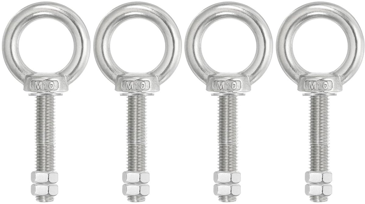 Ringoogschroeven, 4 stuks M10x60 schroef voor het optillen van roestvrij staal 304 schroefdraad schouderring met vaste dubbele moeren voor het optillen