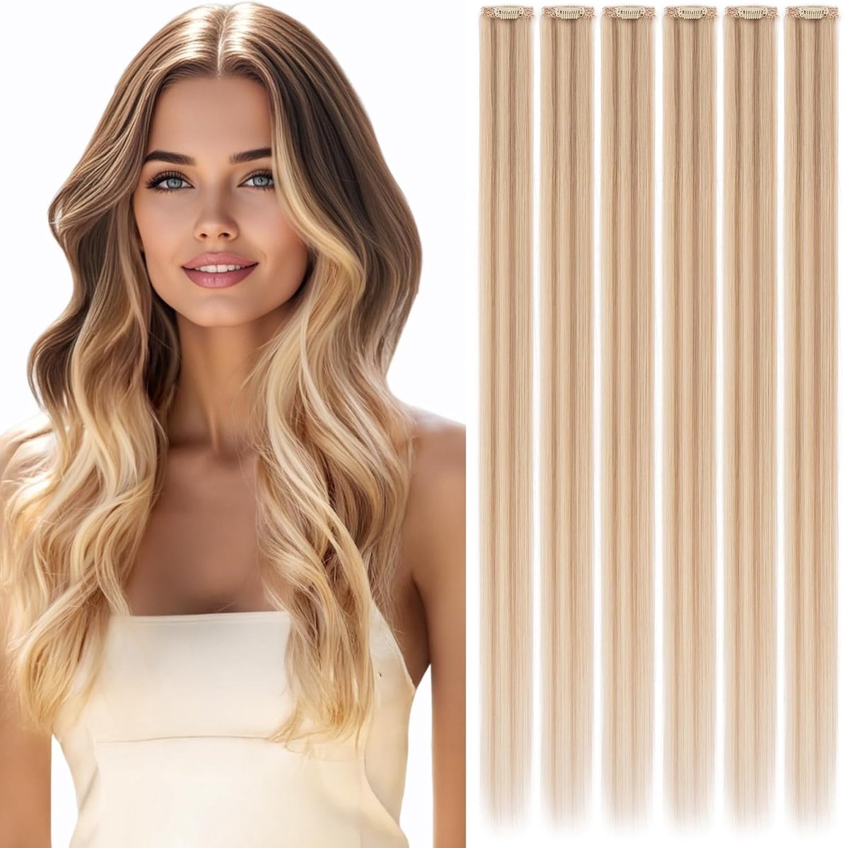 Choices Clip-in extensies van echt haar, 6 stuks, 25 cm, 31 g, glad Remy-haar, #12/613 balayablond