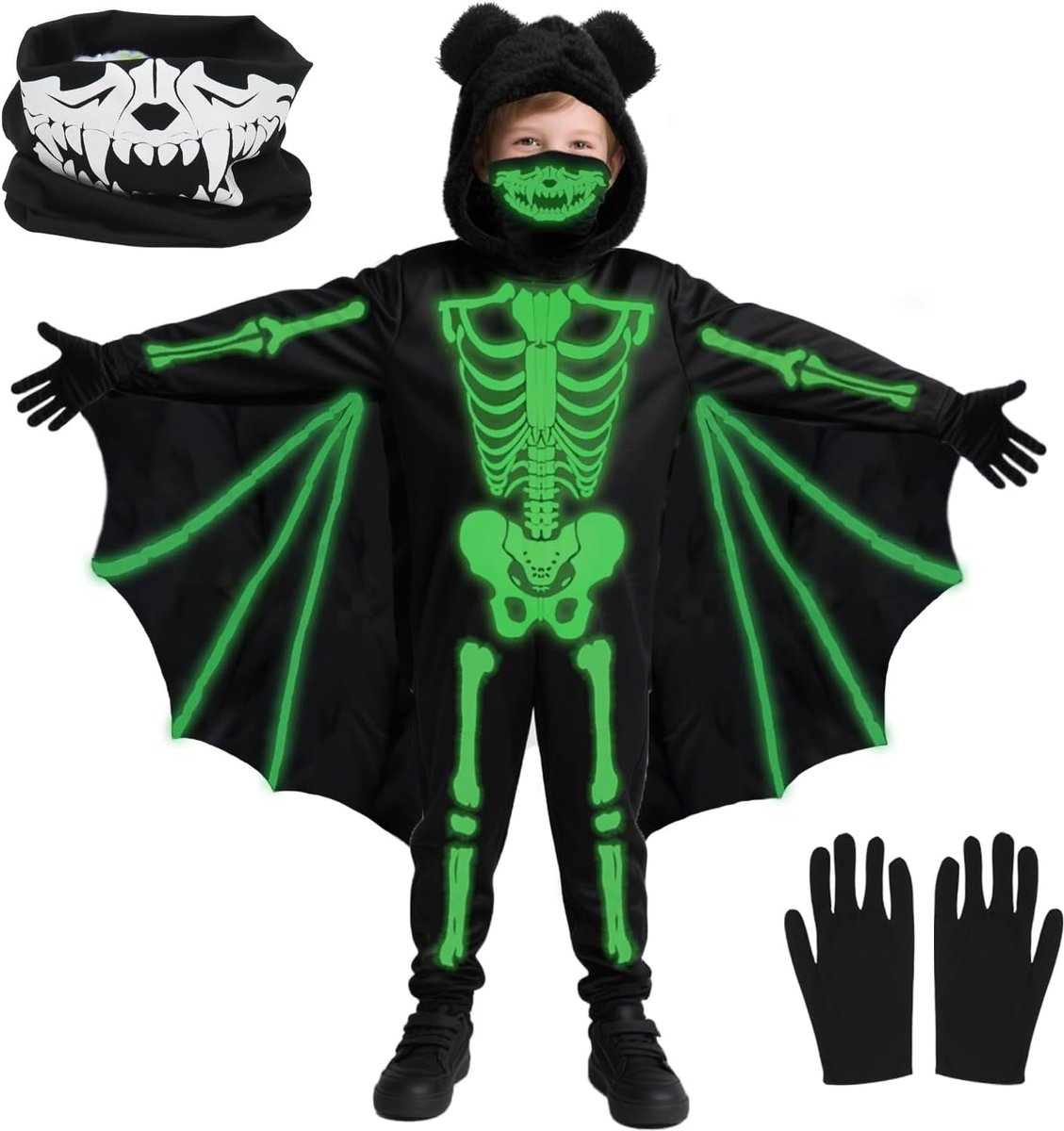 Vleermuiskostuum voor kinderen, verlicht skeletkostuum voor Halloween