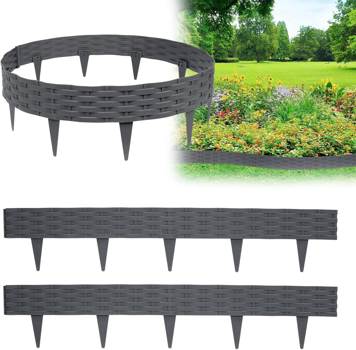 Gazonrand 15m perkrand tuinpalissade met rotan-look, kunststof perkrand maairand randstenen - 15 elementen elk 100 cm, antraciet