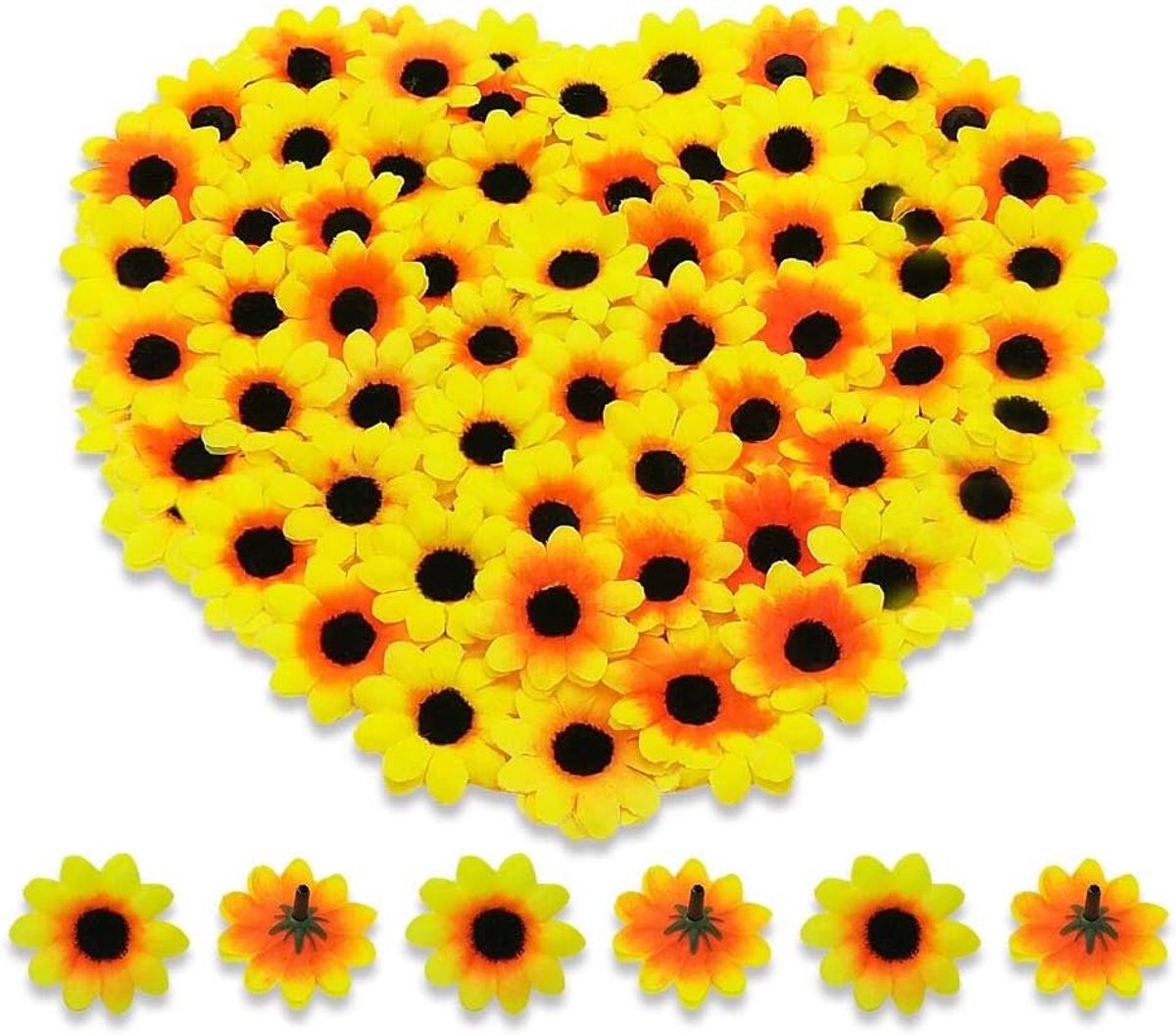 Kunstmatige bloemhoofden van madeliefjes, 100 stuks, Nepbloemblaadjes van gerbera, voor doe-het-zelf, knutselen, verjaardag, indoor, outdoor, feest, paaseierenmand, geel en zwart