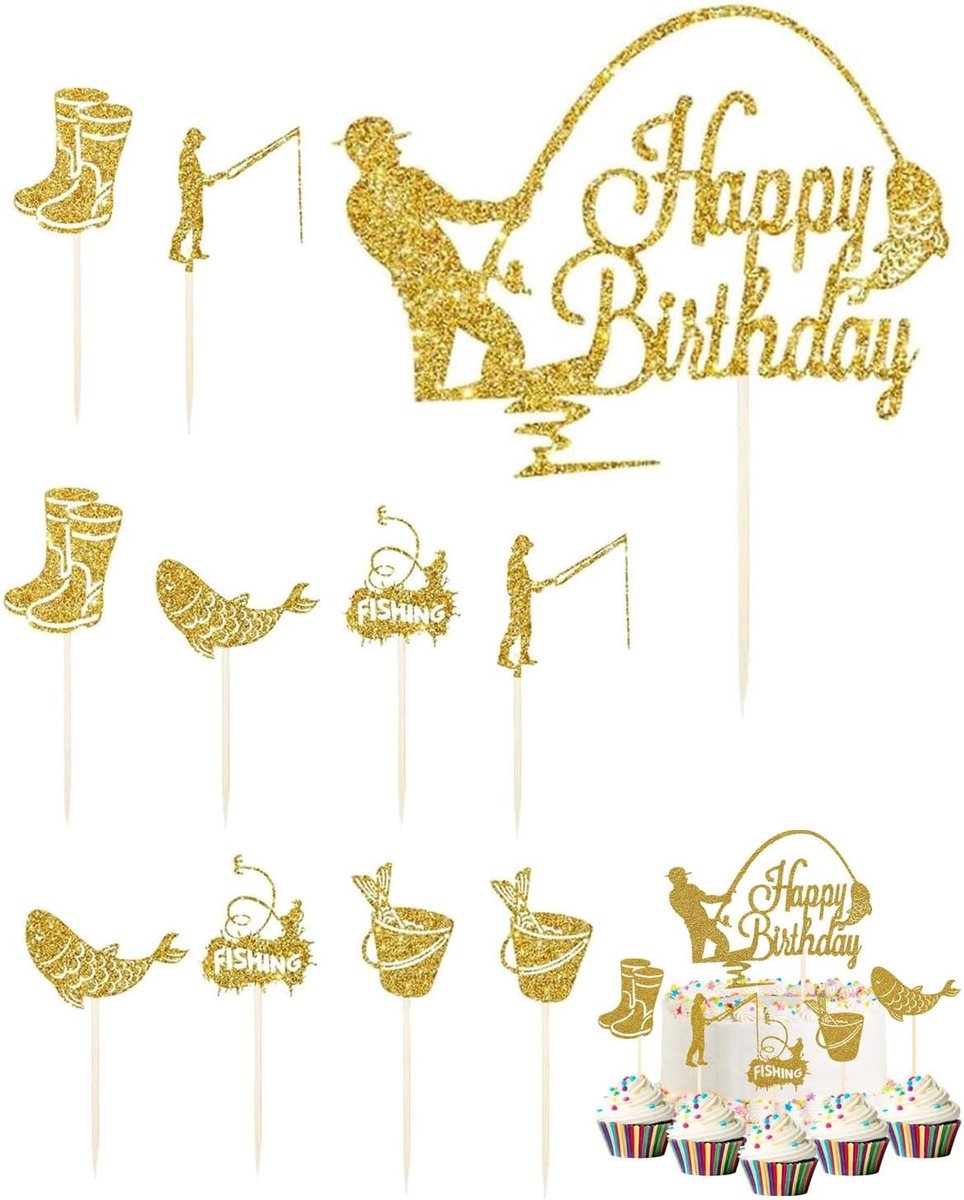11 Stück Visser Cake Topper, Visser Geschenk, Visser Accessoires für Kuchen DIY Deko Jungen Mann Verjaardagsfeest Gelukkig Verjaardag Tortendeko Fische Verjaardagsfeest Verjaardagen (goud)