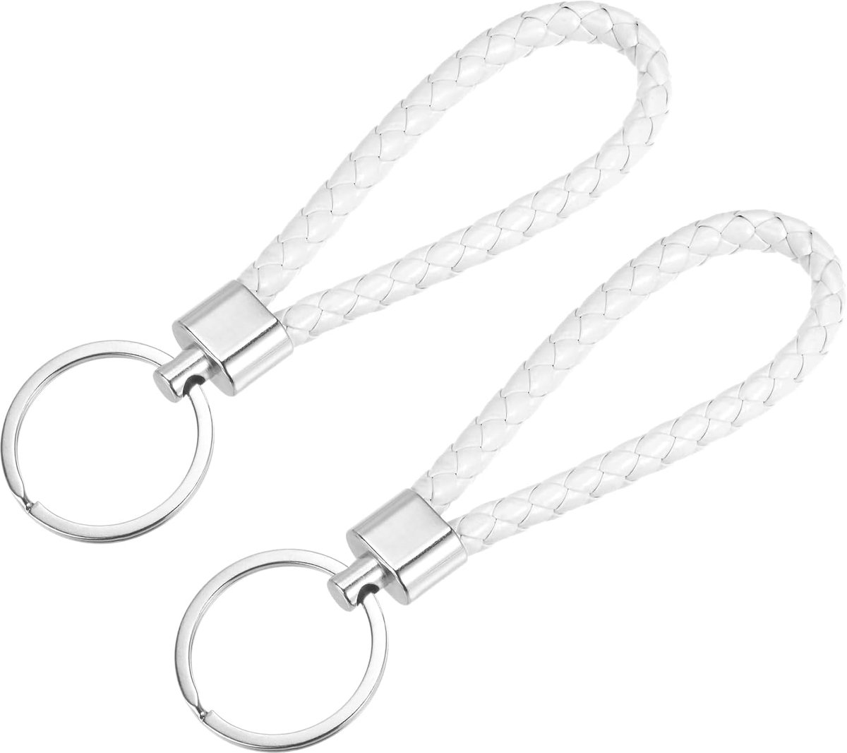 2 stuks gevlochten lederen sleutelhangers, thuis PU sleutelring geweven decoratieve omhangbanden voor tassen portemonnees (wit), wit, 14 cm