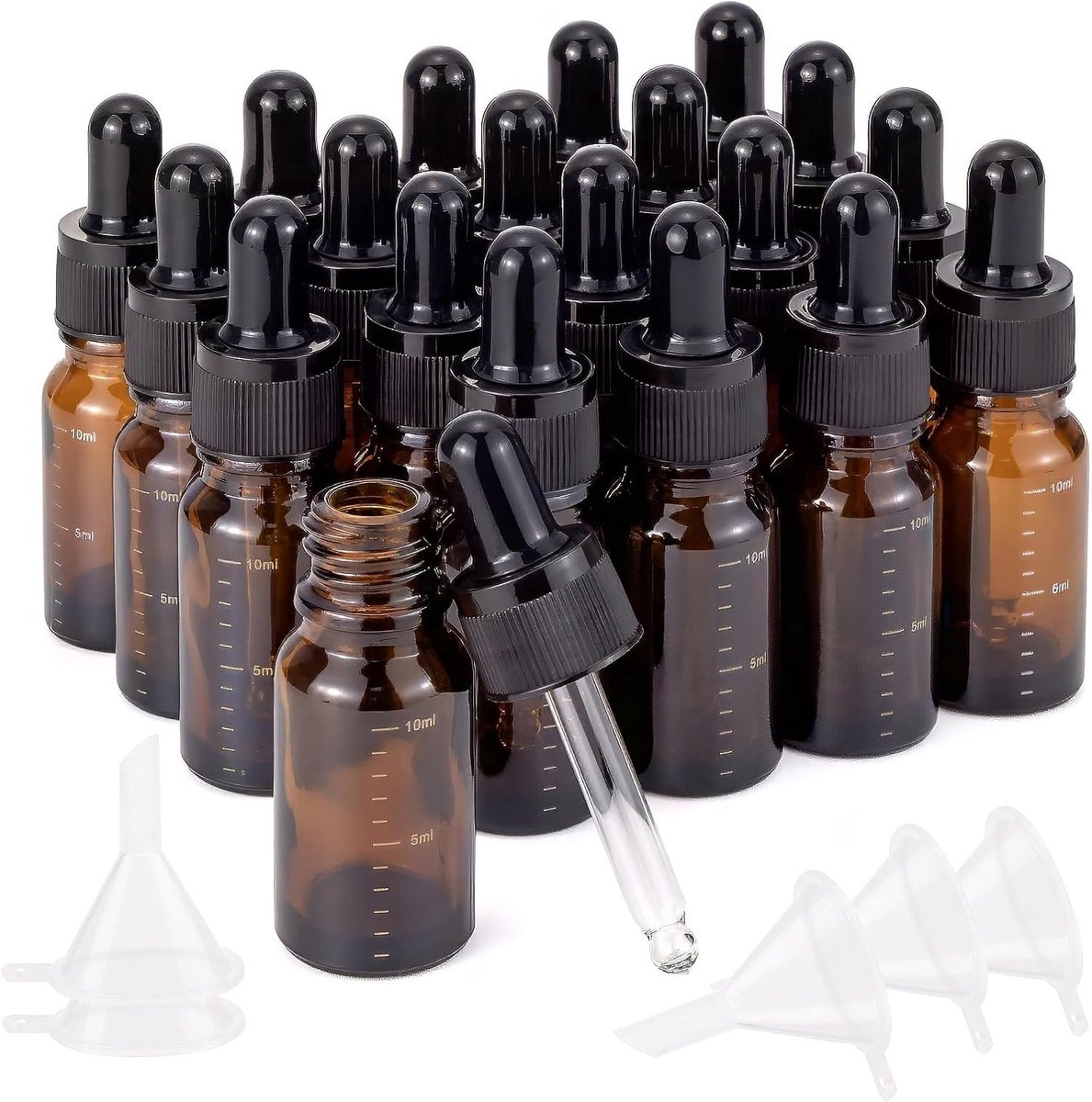 10ml 1/3 Oz Amber Scaled Glass Dropper Bottles with Clear Glass Pipettes Dropper for Essential Oil Perfume Travel Eye Fragrance Liquid Sample Vials with Funnels Pack of 20