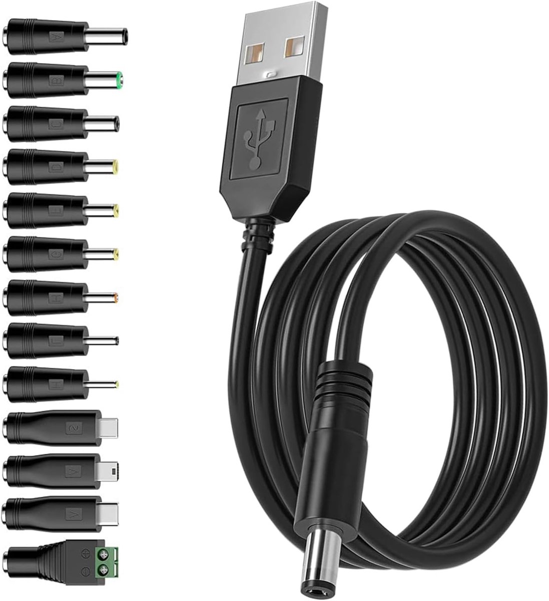 Naar DC-stekkerkabel, 13-in-1 universele USB A naar holle stekker oplaadkabel netsnoer stroomkabel adapterkabel met 13 stekkers voor Philips Hue Hub, camera's, LED-strips, routers, tv-box (1,5 m