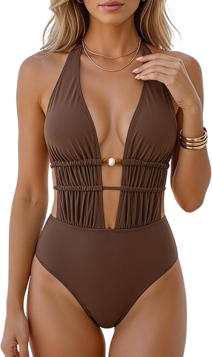 Badpak Dames Buikverstevigend Push Up Vormend Badmode V-hals Geplisseerd Sexy Rugloos Vetersluiting Zwemkleding Strandkleding Bruin Swimsuit
