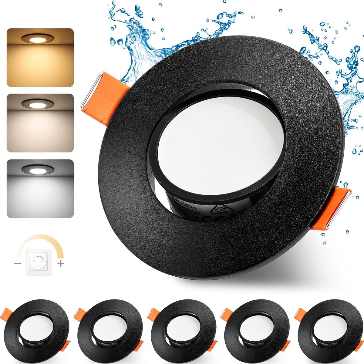 3CCT dimbare inbouw LED-spot 230 V 4,9 W IP44 badkamerspot 68-80 mm 45° draaibaar extra vlak rond zwart plafondlicht voor woonkamer slaapkamer keuken set van 6
