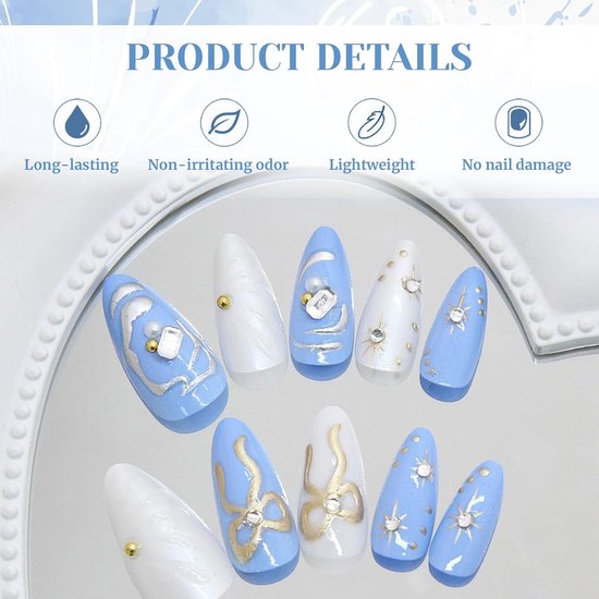 On Nails, Pers op Nagels Kort Amandel, 3D Fake Nagels Oceaanblauw met Gouden Strik, Ster, Parel en Golvende-Design, Glitter Acryl Nagels om op te Plakken, Kunstnagels voor Vrouwen, — afbeelding 3