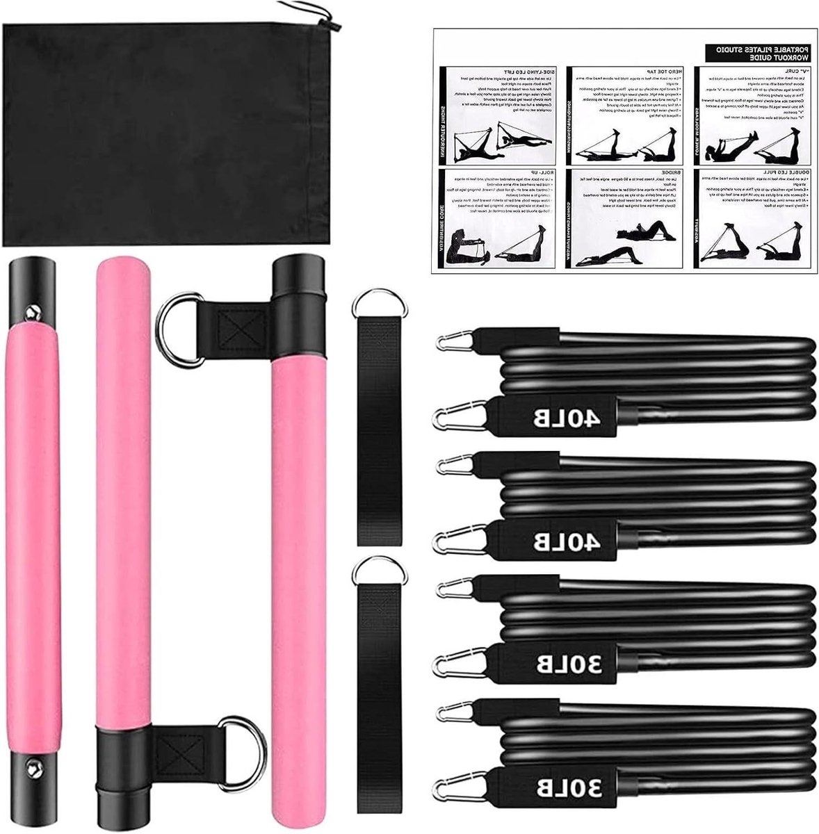Pilates Trainingsset - Fitness Bar Set - Thuis Trainen - Verstelbare Weerstand - Compacte Kit - Roze