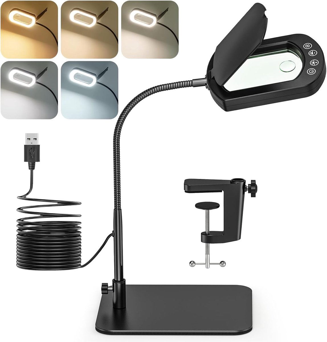 Vergrootglas met licht en standaard, 15 x 10 x vergrootglas en licht met stofbescherming, vergrootlamp met 5 kleurmodi, traploos dimbaar, vergrootlamp met touch-knop voor hobby