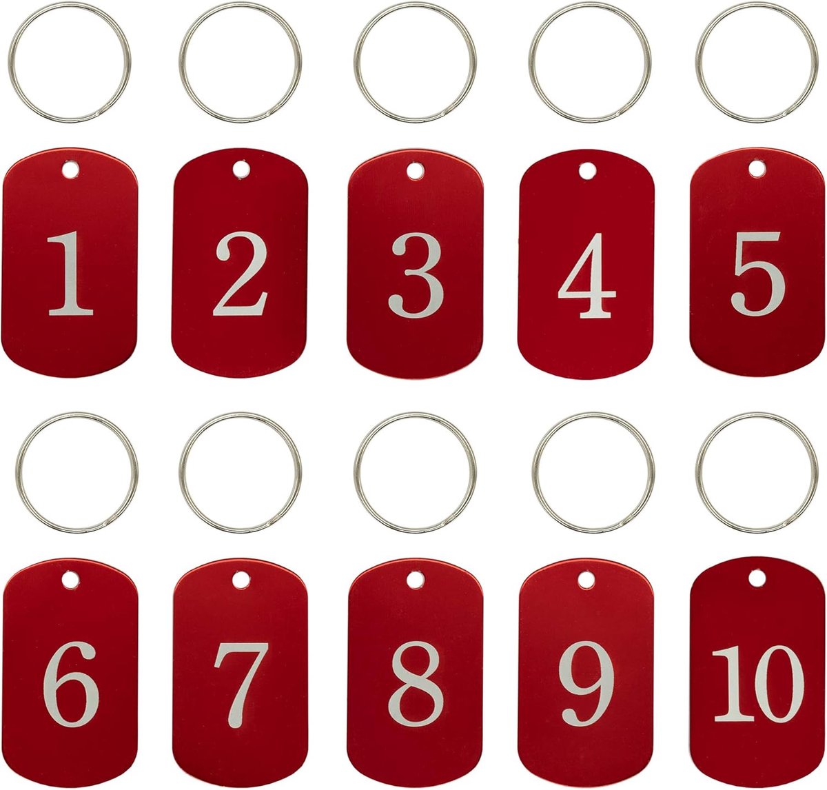 nummerlabels, aluminium, labels voor sleutelhangers, met ringen (1-50, rood)