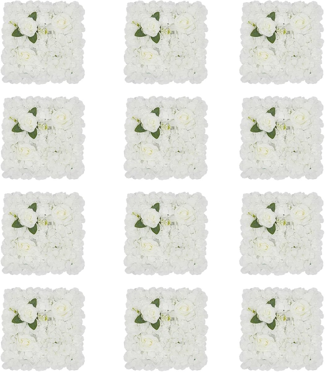 Kunstbloemenwand, 12 stuks bloemenachtergrond, bloemenwand, achtergrond voor feest en bruiloftsdecoratie (wit + groen)