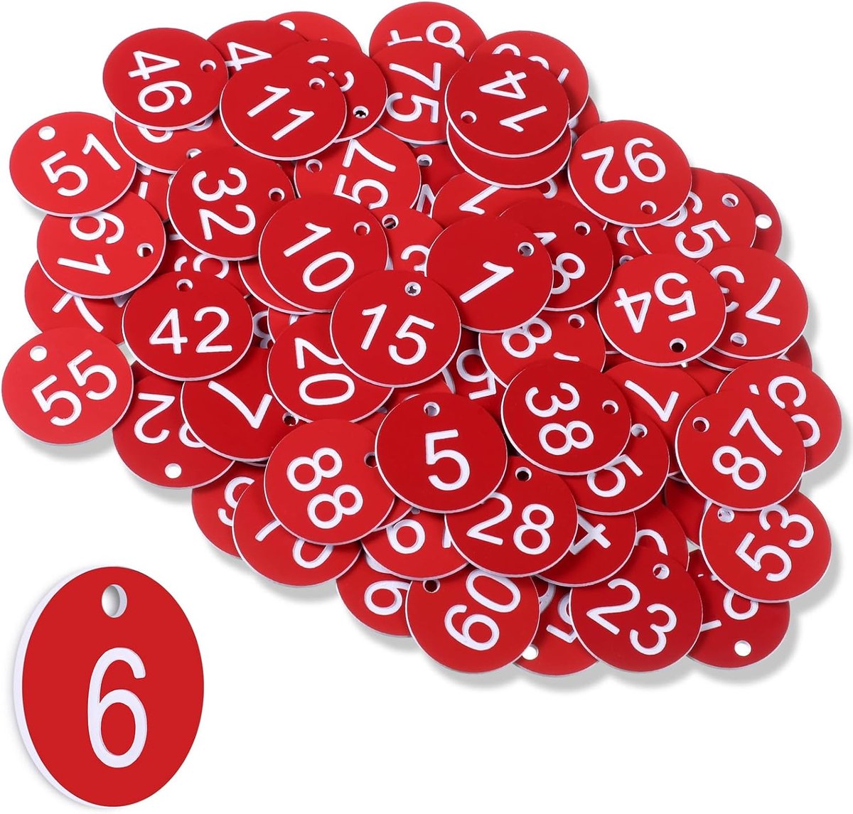 1-100 plastic tafelnummers, sleutelnummer, garderobe, labels, waterdicht, kleine ID-labels met gat voor restaurant, café, buiten, auto, slaapzaal kluisjes, hotel, zonder sleutelringen (rood