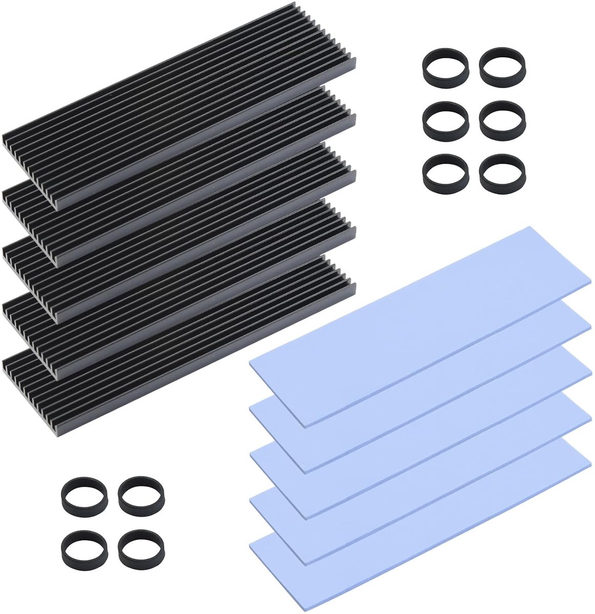 Warmteafvoer M.2 SSD, 73 x 70 x 3 mm, 5 stuks voor NVME 2280 M2 SSD vaste schijf, koellichaam, pad met warmtekussen, 10 rubberen riemen