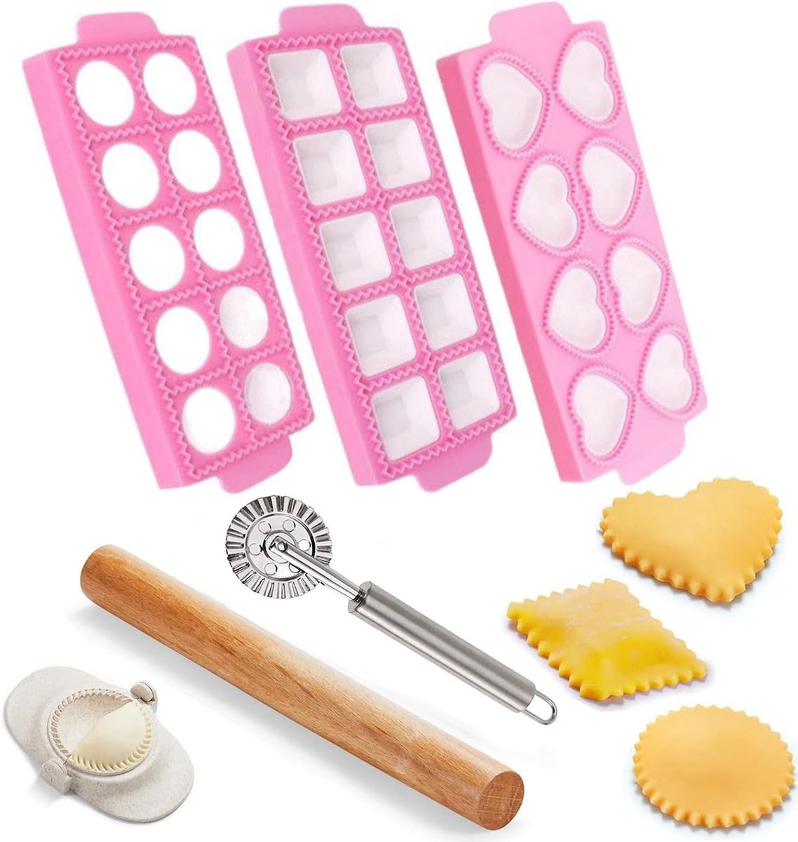 6 Stuks Ravioli Mould, Pasta Maker Set met Gnocchi Board Rolling Pin Dumpling, Plastic Maker Stempel Cutters Keukengeredschap Pasta Maken Accessoires voor Ravioli, Dumplings, Cookies