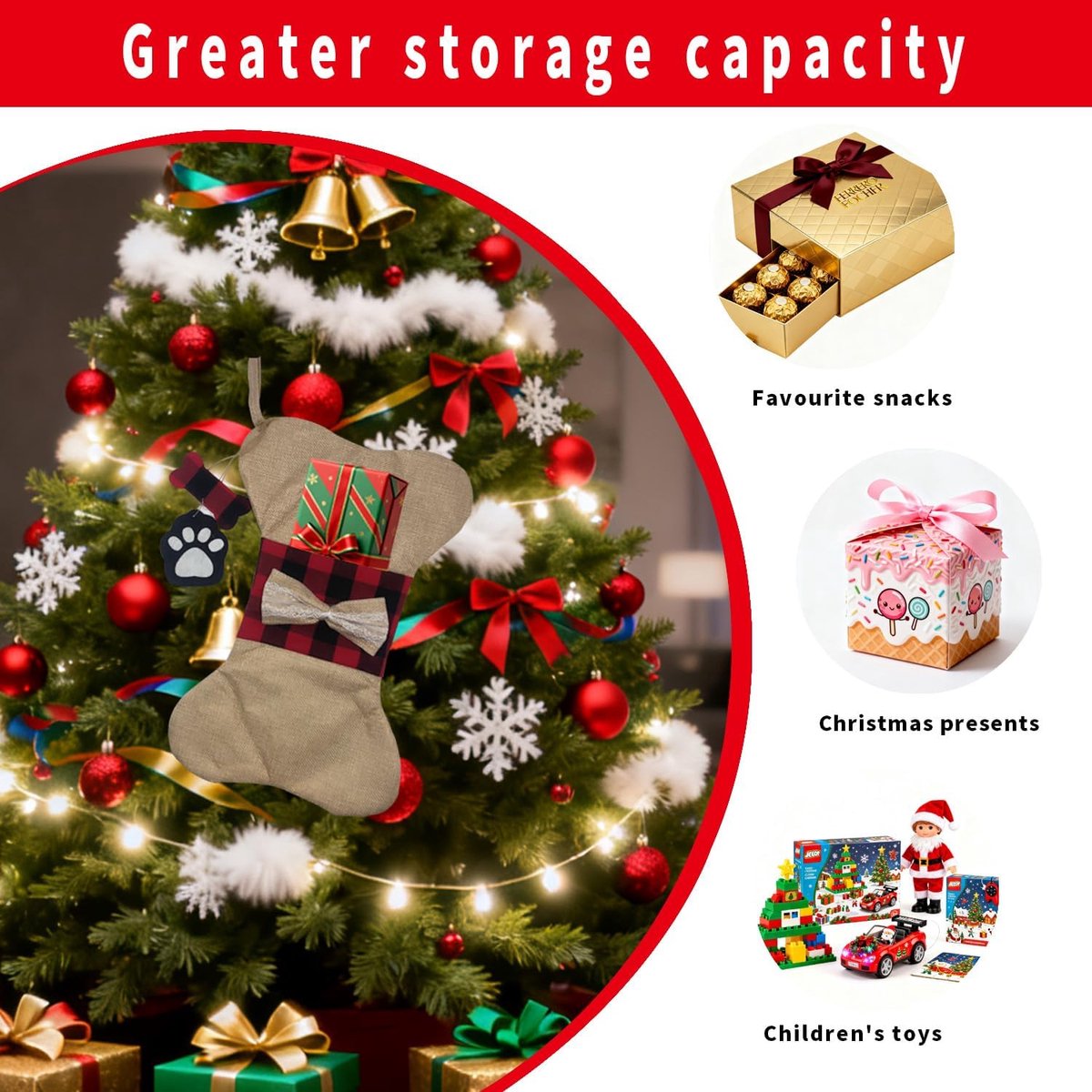 16 inch kerstsok met gepersonaliseerd hondenkluifontwerp en strik,geschikt voor schoorsteenmantels,kerstbomen en soortgelijke omgevingen