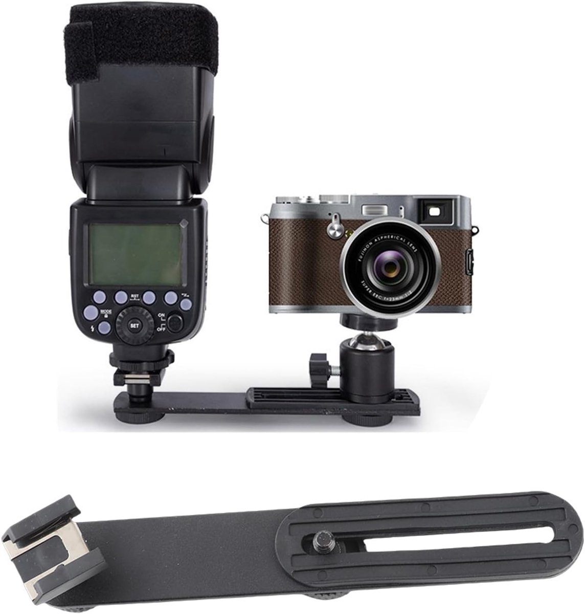Flitsbeugel Aluminium profiel Externe flitser Dwarsstangbeugel met dubbele kop Accessoire voor fotoapparatuur met 1/4 inch schroeven en flitsschoen