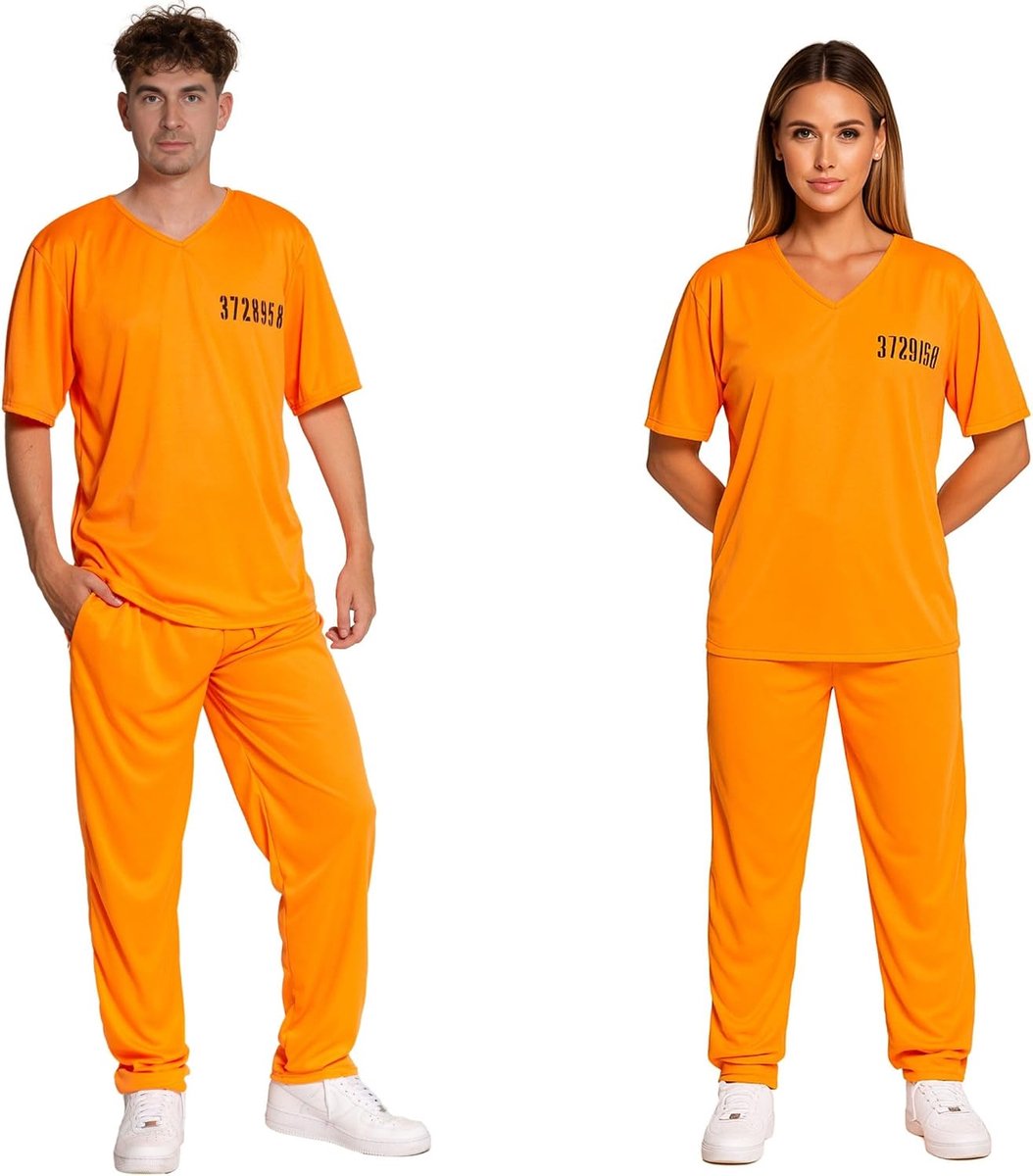Oranje Gevangene Kostuum Heren 2-Delig Shirt & Broek Gevangeniskostuum Dames Halloween Carnaval Jumpsuit Gevangenis Pak Dief Kostuum Mannen Boefen Pak Unisex - Maat S t/m XL