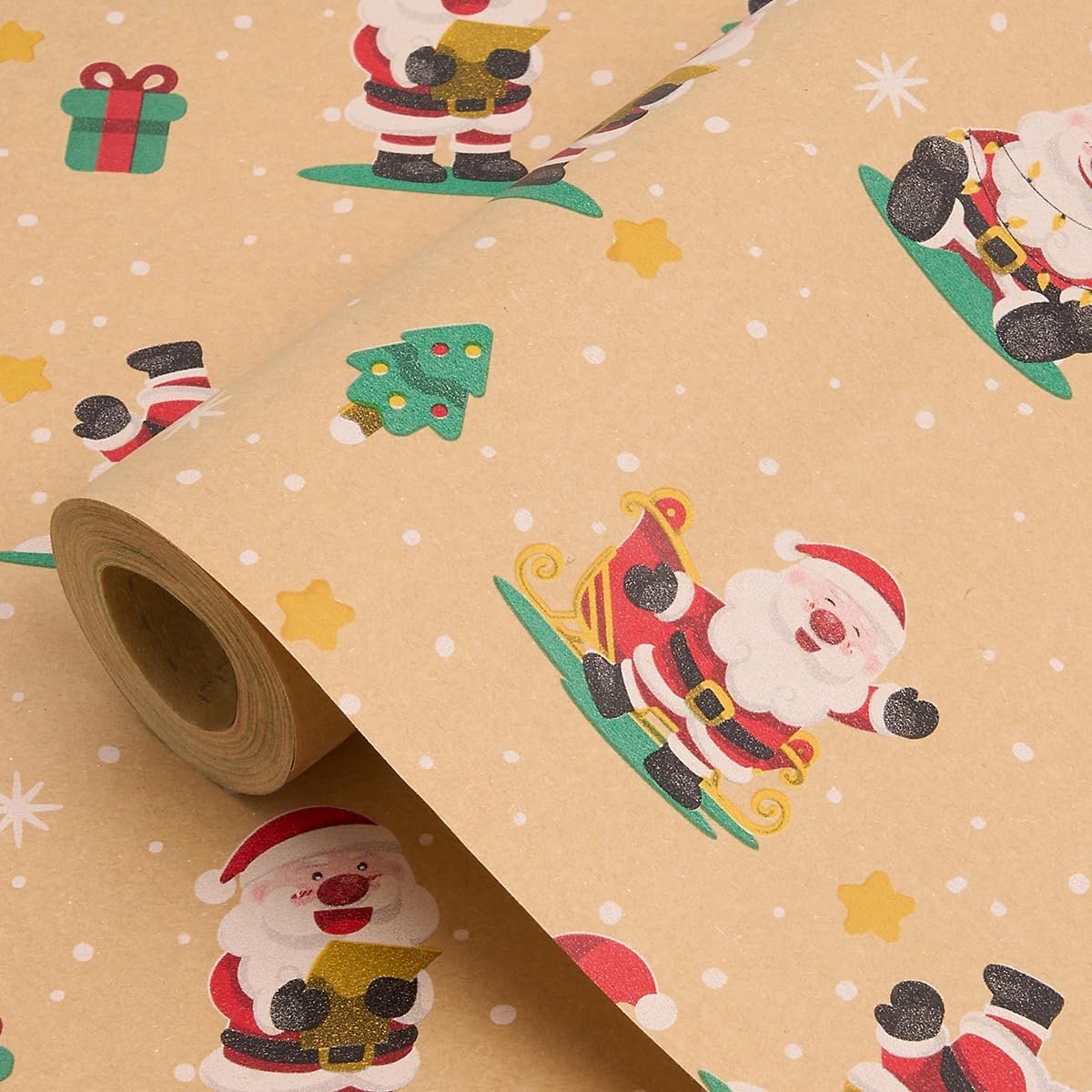 15 m lange rol cadeauverpakking, 43 cm breed, recyclebaar kraftpapier voor de decoratie van kerst- en verjaardagscadeaus (motief: Kerstman-2)