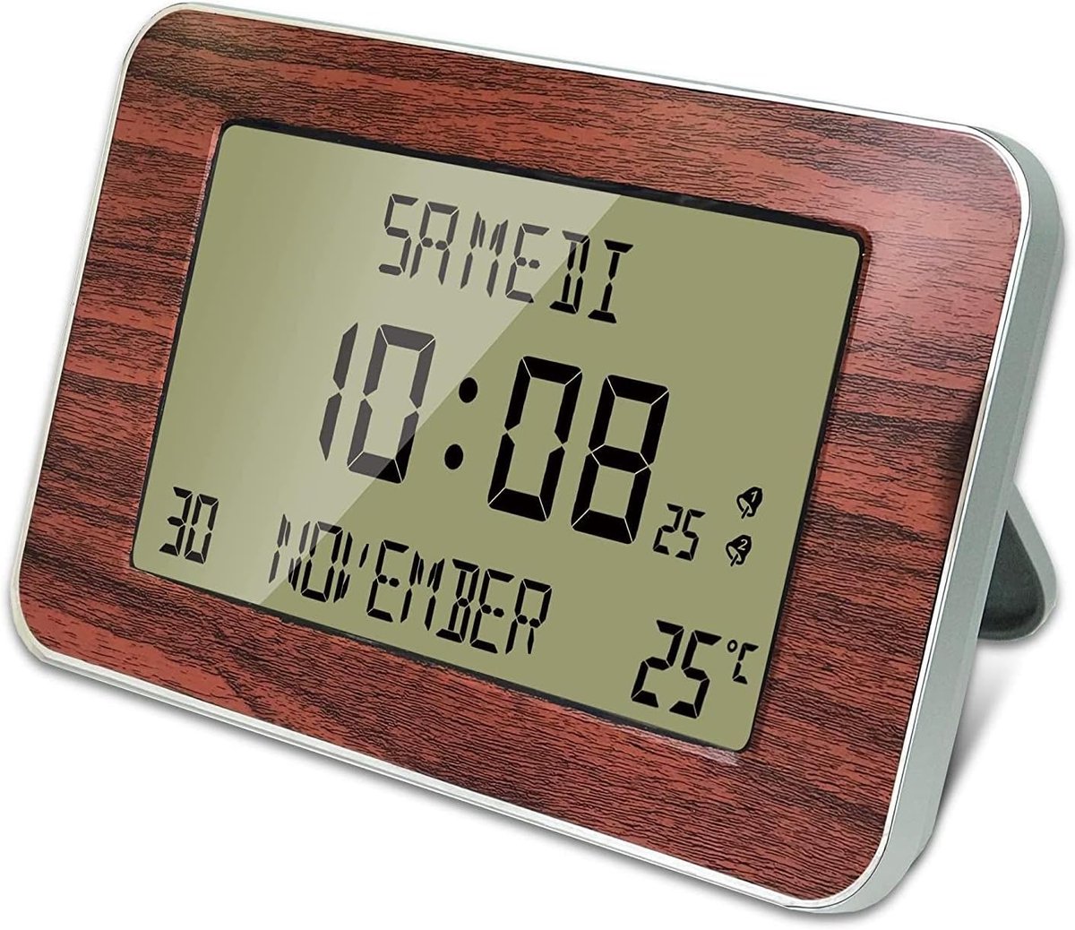 - Digitale wandwekker - Datum- en tijdkalender - Grote cijfers - 6 talen - 2 alarmen - Omgevingstemperatuur - Wand- of staand