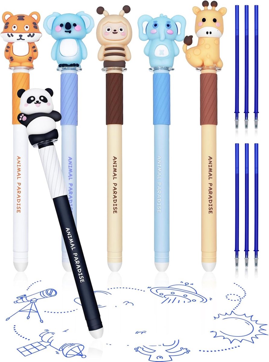 Set van 6 uitwisbare balpennen - 0,7 mm punt - schattige diermotieven - ideaal cadeau voor kinderen - ShopVlot