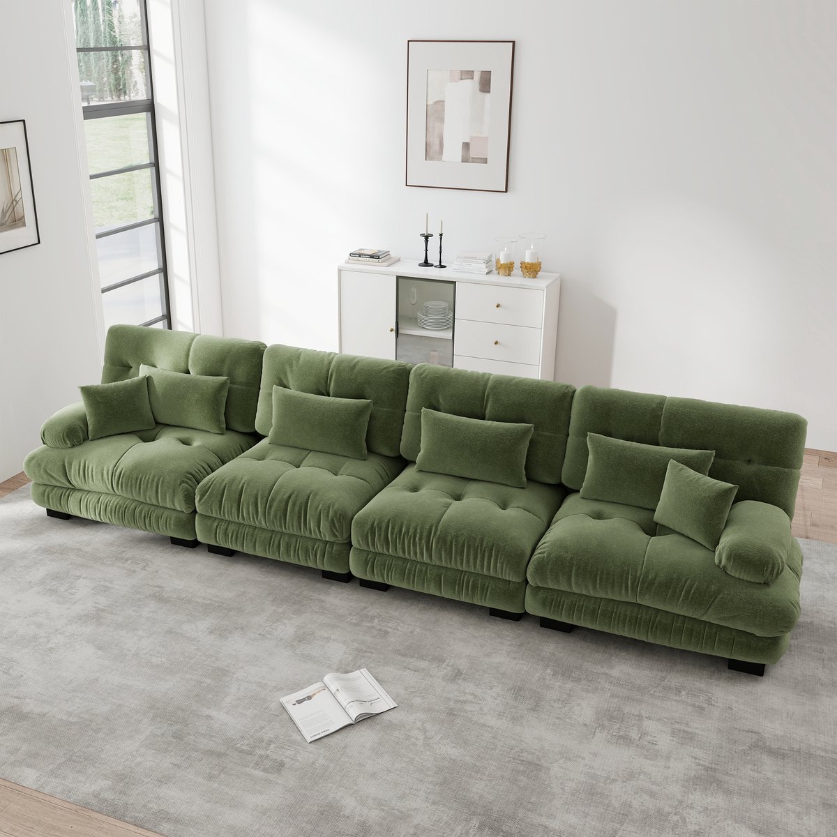 MEUNIQ Modulaire 4-zits hoekbank met diepe zit, chenille bekleding, slaapfunctie en zachte kussens voor woonkamer, appartement of kantoor, groen