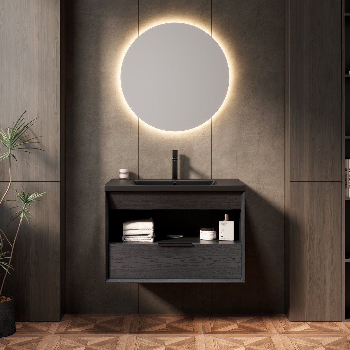 MODENUIT Badezimmerschrank - Wandhängend Met Keramische Wasbak - Badmeubel Voor Badkamer - Multiplex - Zwart - 74,5x46,5x48 Cm