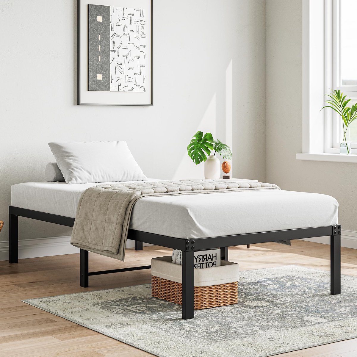 MIVRAY Bedframe 90x200 Cm Zonder Matras - Metalen Platformbed Met Lattenbodem En Opbergruimte - Geruisloos En Eenvoudige Montage - Zwart