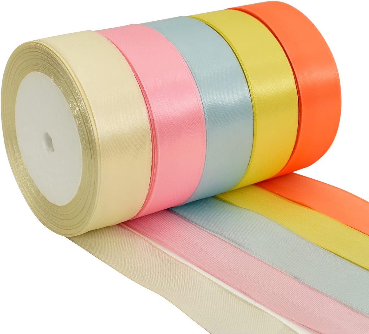 Satijnen lint, 5 kleuren, 115 m x 25 mm, cadeaulint, strikkenband, stoffen lint, decoratief lint, stoffen lint voor knutselen en geschenkverpakkingen, decoratie, bloemen, knutselen, macaron