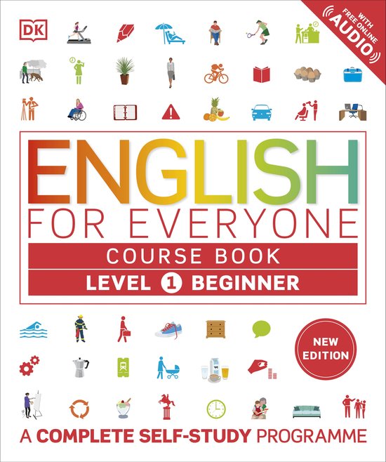 Boekomslag van DK English for Everyone, cursusboek niveau 1 beginner. Met de titel 'English for Everyone' in grote letters. Met de tekst 'New Edition'.