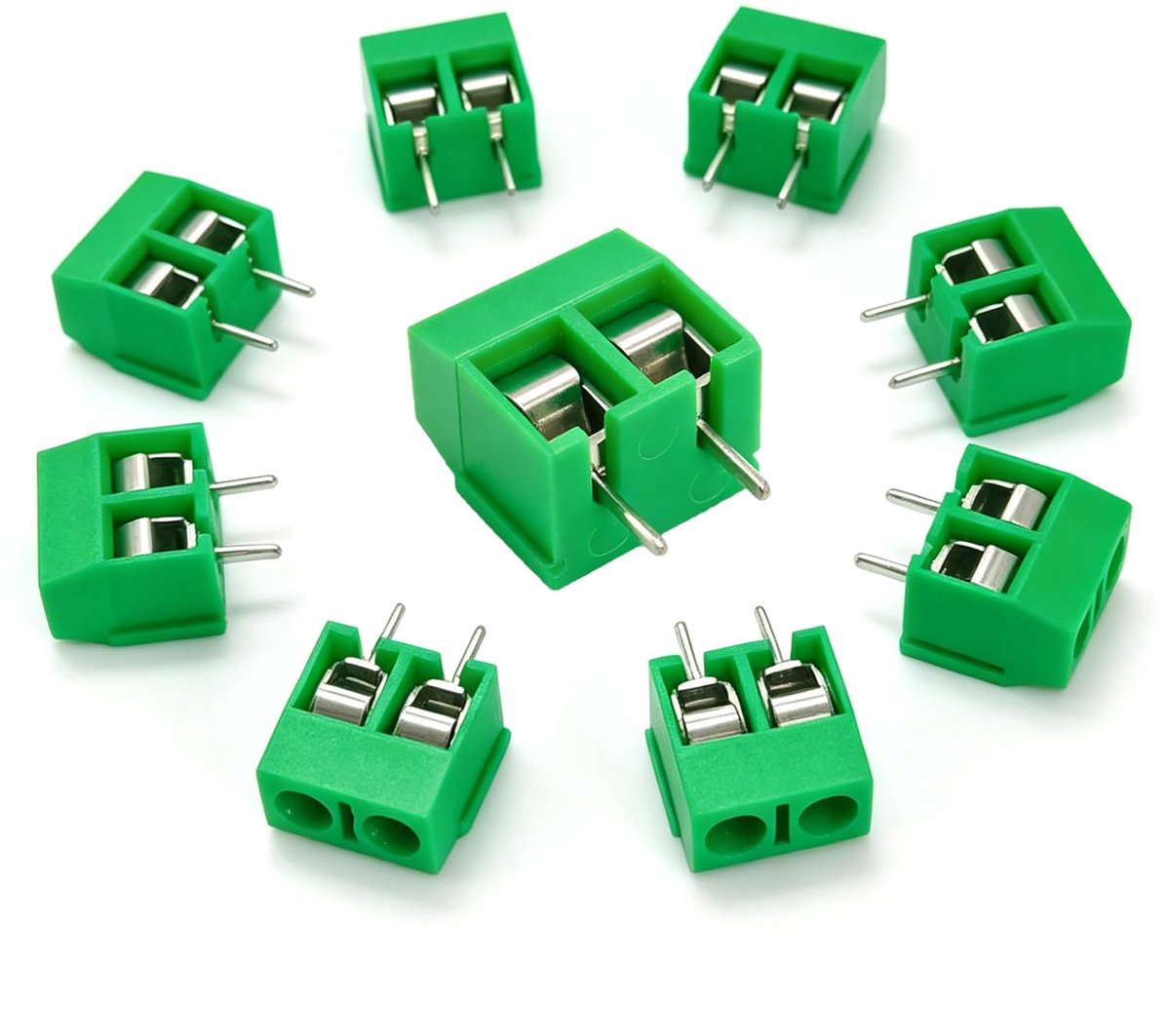 100 stuks groen 2-pins PCB mount schroef klemmenblok, 5,08 mm pitch printplaten schroefklemblok connectoren (10A / 300V)