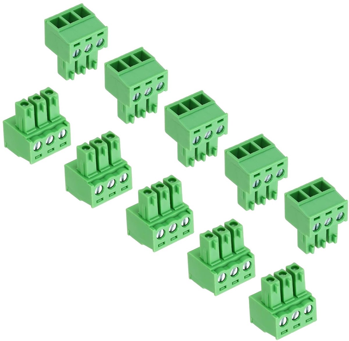 10 stuks PCB-klemblok, 300 V, 8 A, mannelijk, 3-polig, stap 3,81 mm, klemblok, montage met PCB-schroeven, voor industriële doeleinden, elektronische projecten, groen