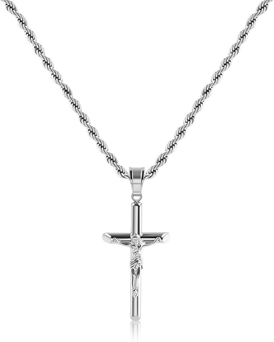 Roestvrijstalen zilveren kruisketting voor heren en dames, ketting met hanger, mode-sieraden voor mannen, vrouwen, vriendin, moeder, kruis, maat 34 * 18cm, kettinglengte 50+5cm