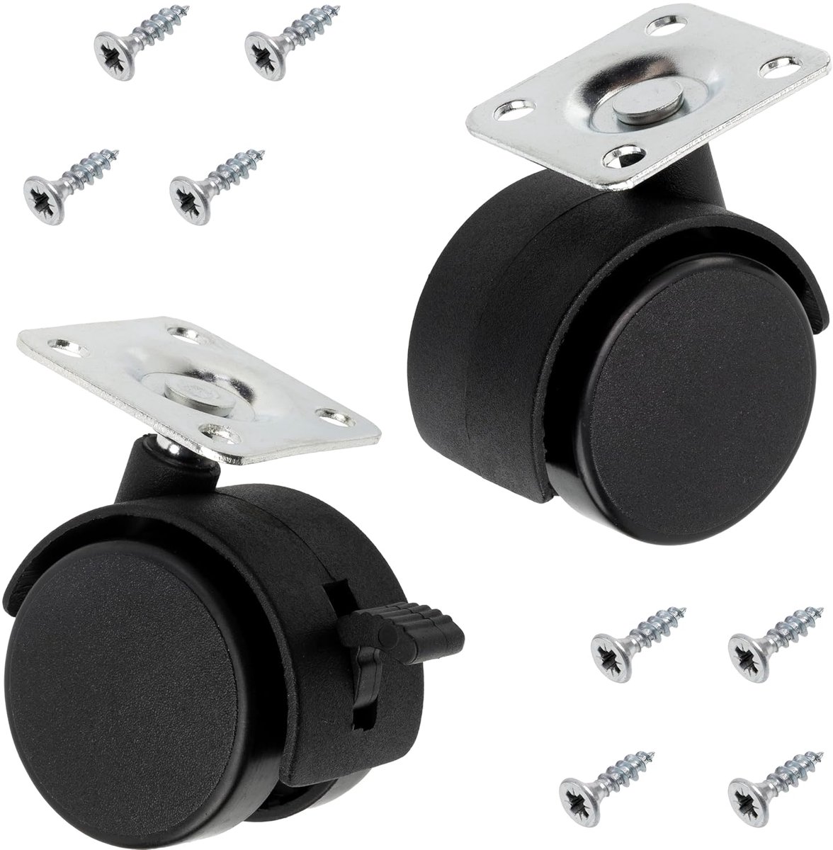 - Set van 2 360° draaibare dubbele zwenkwielen met rem + 2 dubbele zwenkwielen + 18 schroeven Ø4x16 mm | montageplaat 38x38 mm | belasting 25 kg