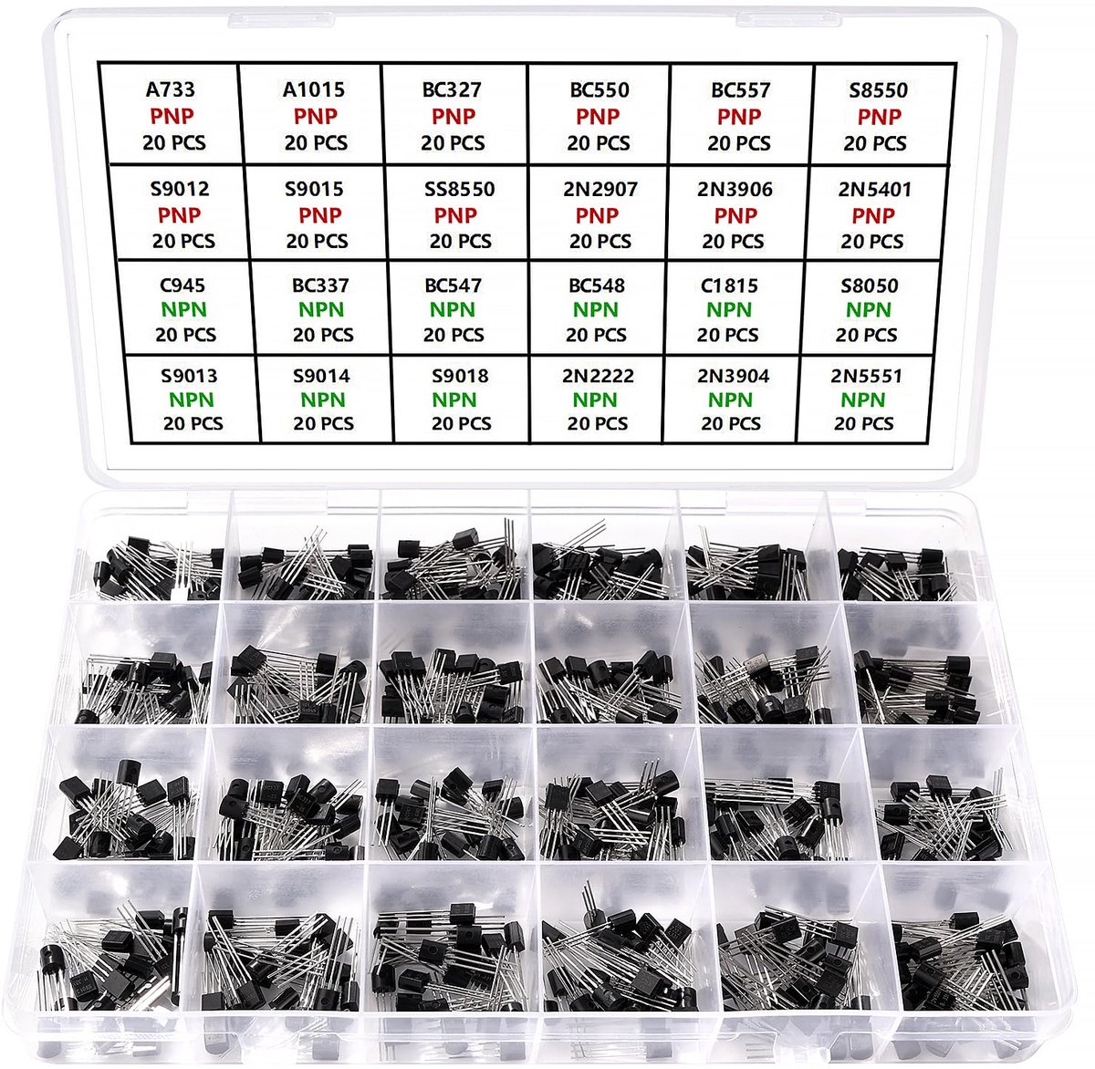 480 Stuks 24 Waarden A1015 2N2222 2N2907 SS8550 2N3904 2N3906 2N5401 2N5551 A733 BC327 BC337 BC550 BC547 BC548 BC557 C1815 C945 S8050 S8550 S9012 S9013 S9014 S9015 S9018 NPN PNP Transistors
