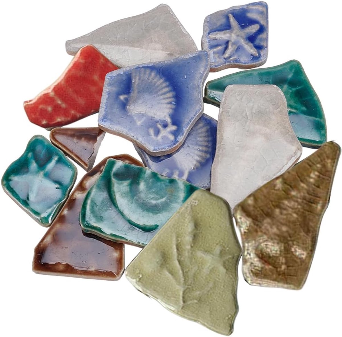 Mozaïektegels, keramische tegels, mozaïekstukken, porselein, ondoorzichtig, platte achterkant, kleurrijk gesorteerd, kleine stukjes, cabochons voor