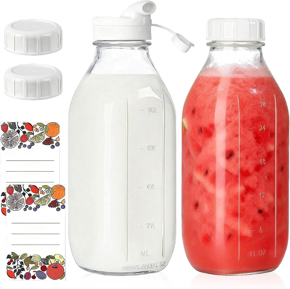 Set van 2 glazen flessen, melkflessen, smoothieflessen, vierkante sapflessen met capaciteitsteken, herbruikbare smoothieglazen met deksel, 1 liter, voor sap, melk, milkshakes, transparant