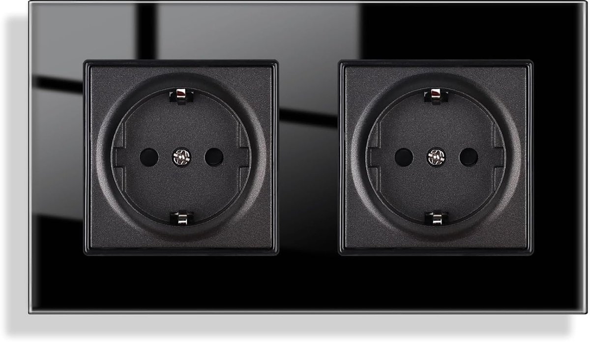 Glazen Dubbel Stopcontact - 2-Voudig, Zwart, Inbouw, 16 Ampère, Geaard, Gehard Glas, 157 x 86 mm, 250 V