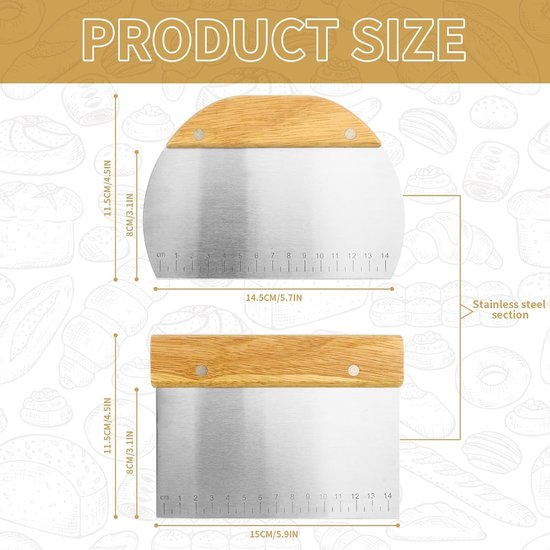 Edelstaal, 2 stuks Pizzateig Spachtel, Keukenstukken met houtgriff Ideaal voor het snijden van deeg, pizza, brood, koeken, groenten — afbeelding 4