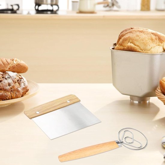 Deegschraper, Deense deegbezemset, deegkaart van roestvrij staal, Deense deeggarde, zuurdeegaccessoires, deegspatel, broodbakset voor amateurbakkers, voor brood, pizza, pannenkoeken, houtkleur — afbeelding 4