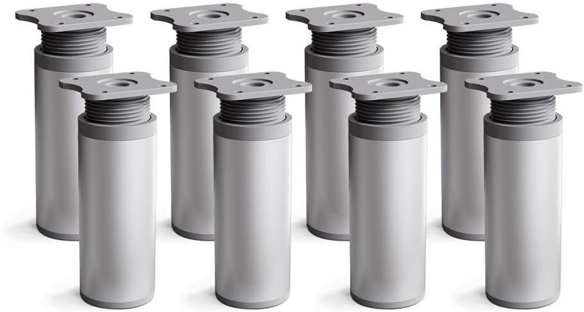 Poten, set van 8 stuks, H 120 mm, verstelbaar, geanodiseerd aluminium, elegant design, rond profiel, model MFR1, voor kasten en dressoirs