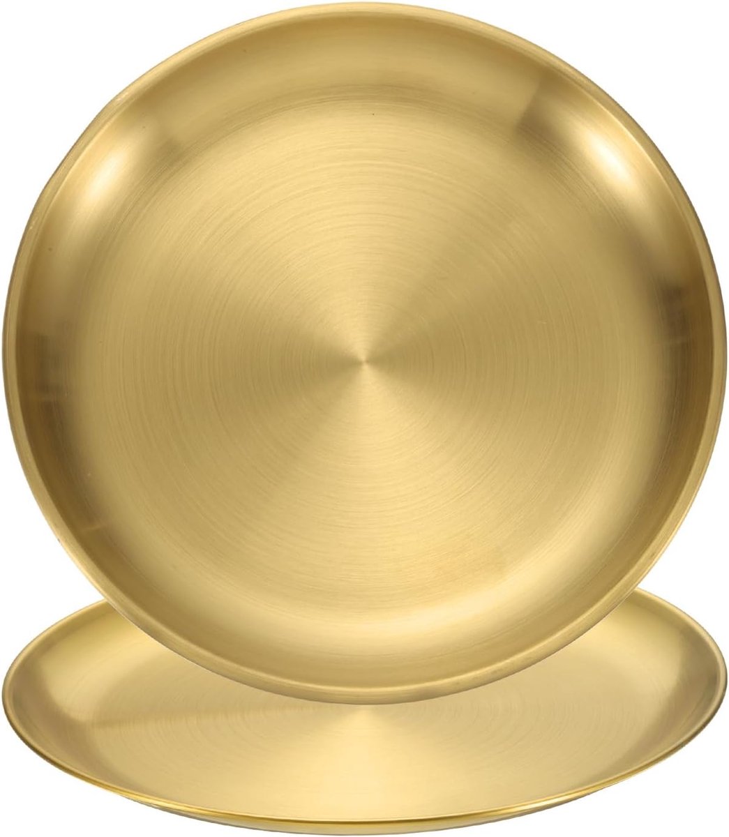 2 stuks roestvrijstalen eetborden, 23 cm, ronde serveerborden, set van platte metalen serveerborden voor restaurants, keuken, dessert, salade, eten, outdoor, camping, goud