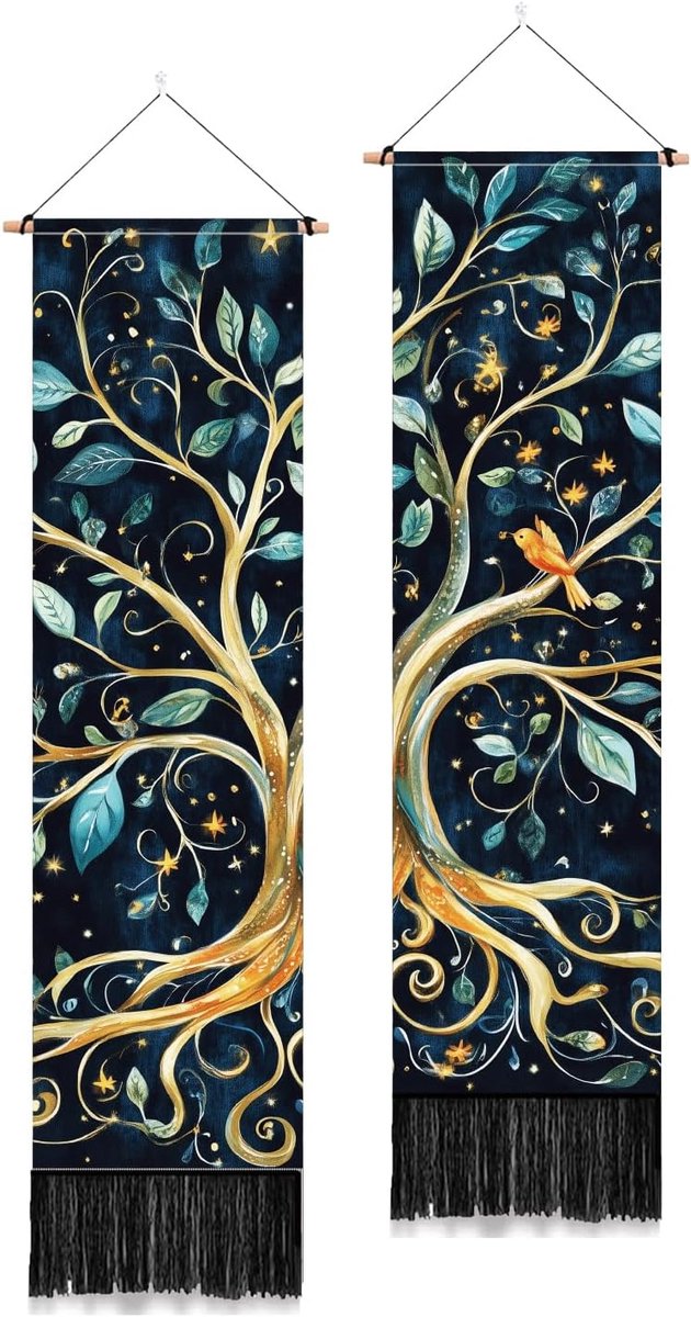 2 Pack Levensboom Tapestry Verticale Bladeren Vogels Muur Opknoping met Kwasten Zwart Esthetisch Wandtapijt voor Slaapkamer Badkamer Woonkamer Lange Smalle Muur Opknoping Home Art Decor