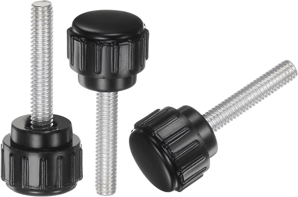 20 stuks M4 x 20 mm mannelijke schroefdraadgrepen, gekartelde kopschroeven, greepvergrendeling 14 mm, handgrepen met ronde kop, gekarteld kunststof, zwart