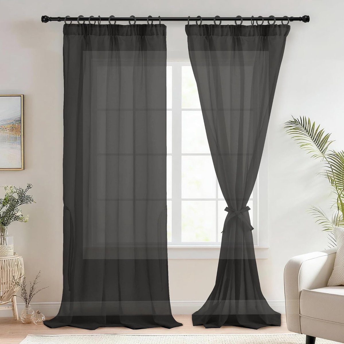 Voile gordijnen met plooiband, linnenlook, 2 stuks, halftransparant, voor woonkamer, doorzichtige gordijnen, extra lang, zwart, 260 x 140 cm (hoogte x breedte)
